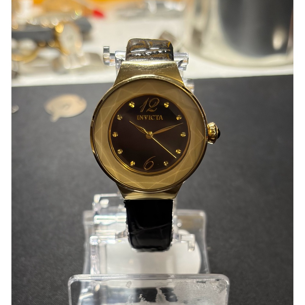 Invicta Angel Watch Women OS Black Gold Leather Strap 29784 Luxury